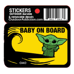Baby Yoda on board- Grogu 2.5 x 2 inches cell phone sticker Mark your cell phone or any other item with these great designs sized perfectly for items like computers especially cell phones but works bigger items like your car too! Dimensions: 2.5" x 1.5 inch -printed vinyl Outdoor durable and ultra removable Waterproof